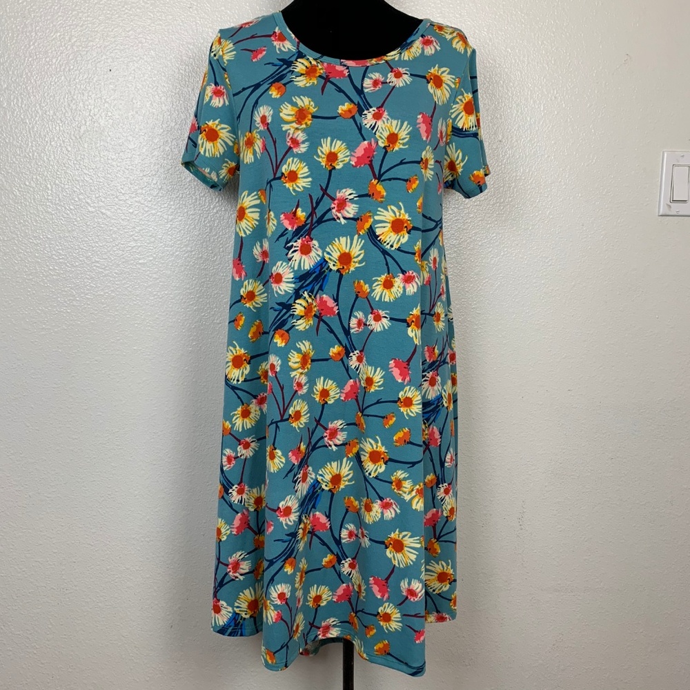 Lularoe Carly Floral Pattern Pink Teal Blue‎ Dress